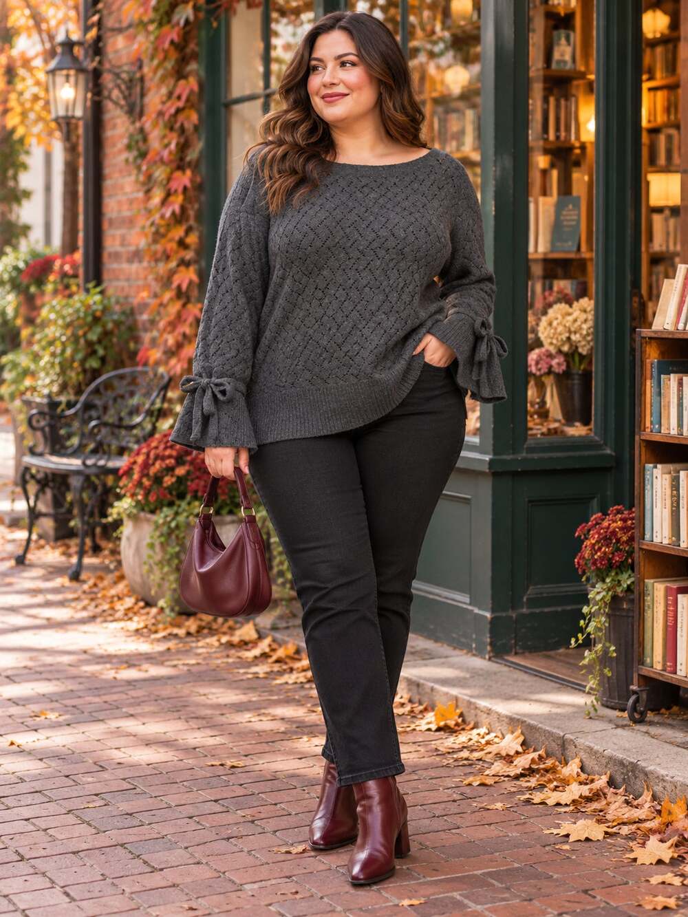 Lane Bryant Sweater Womens 22/24 Gray Pointelle Bow Bell Sleeve Cozy Chic
